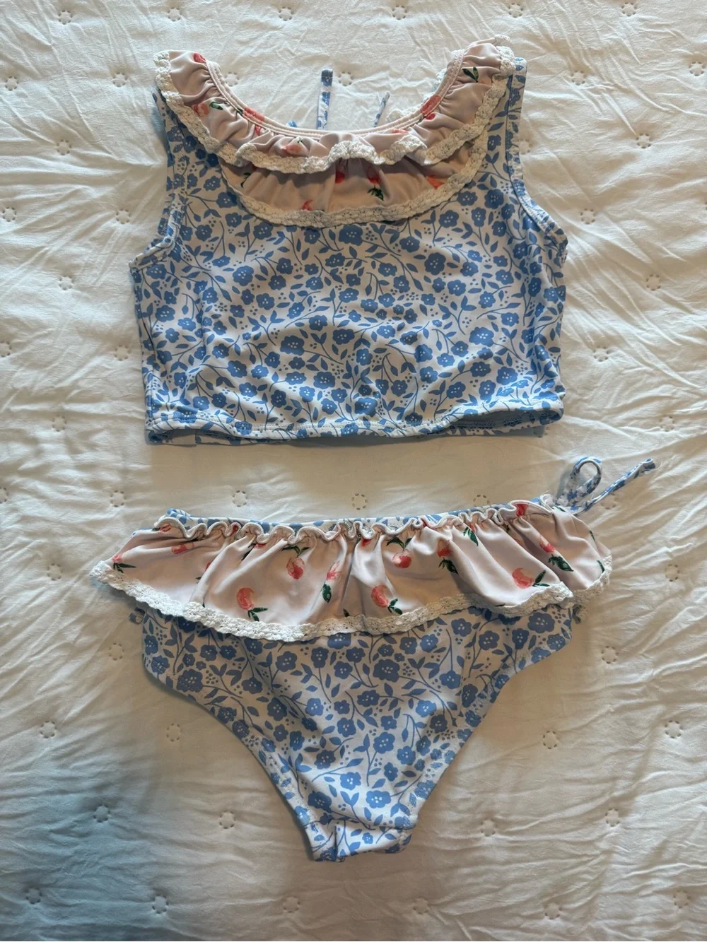 SweetHoney Size 8Y Blue & Light Pink Floral Ruffle Bikini Set